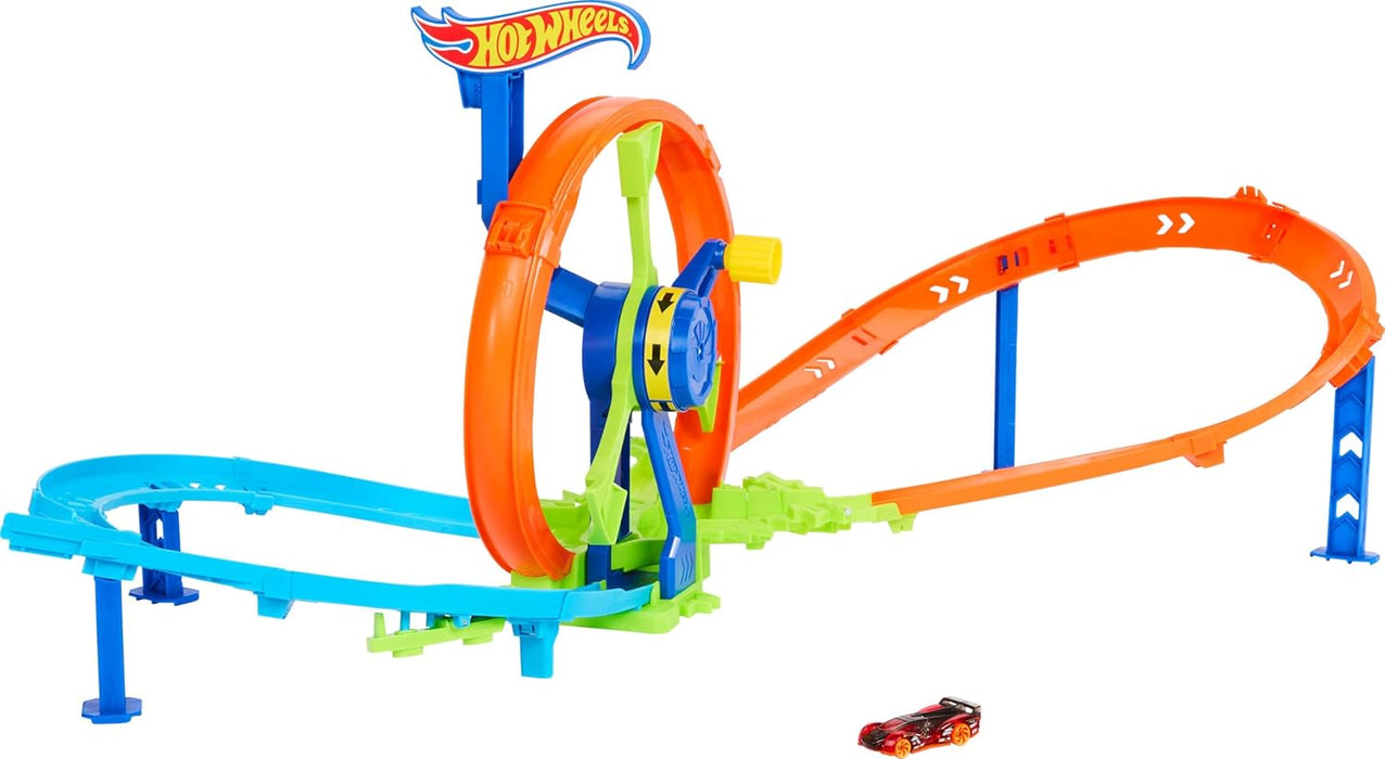 Hot Wheels Launch and Loop Conjunto de Juego de Pistas y Coche de Juguete, Coche de Metal a Escala 1:64, Zona de choques en Pista con Forma de 8 con looping con Impulsor, JBX65