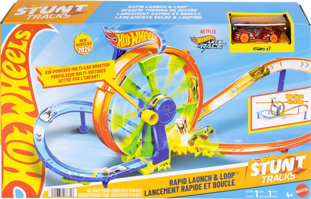 Hot Wheels Launch and Loop Conjunto de Juego de Pistas y Coche de Juguete, Coche de Metal a Escala 1:64, Zona de choques en Pista con Forma de 8 con looping con Impulsor, JBX65