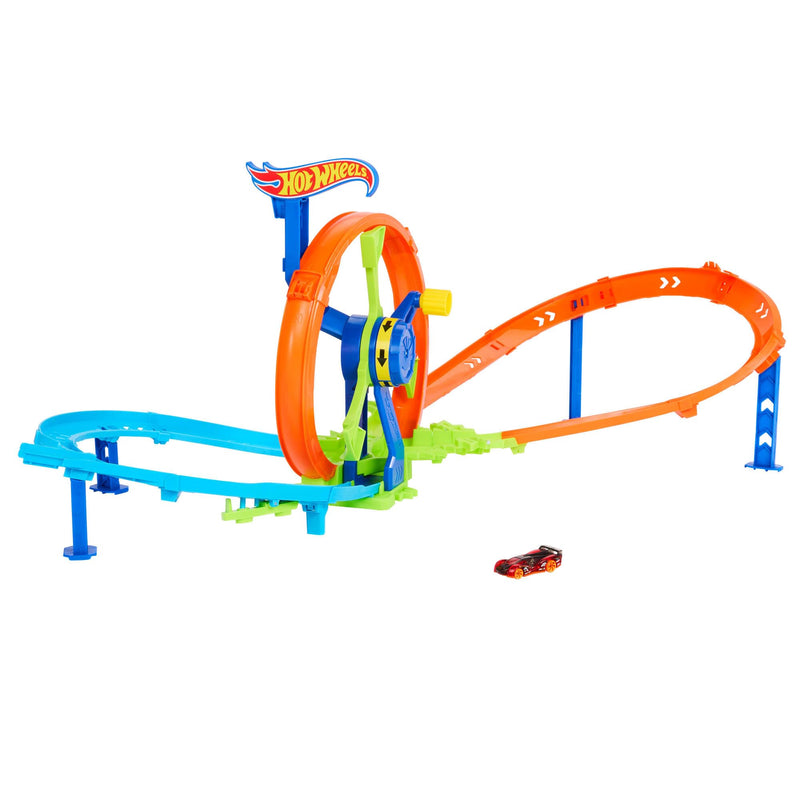 Hot Wheels Launch and Loop Conjunto de Juego de Pistas y Coche de Juguete, Coche de Metal a Escala 1:64, Zona de choques en Pista con Forma de 8 con looping con Impulsor, JBX65