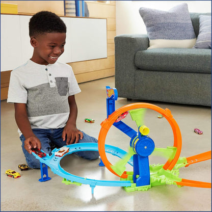 Hot Wheels Launch and Loop Conjunto de Juego de Pistas y Coche de Juguete, Coche de Metal a Escala 1:64, Zona de choques en Pista con Forma de 8 con looping con Impulsor, JBX65