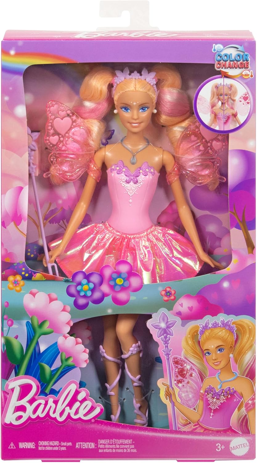 Mattel Barbie Fairy Doll with Toy Wand & Fashion Accessories, Fantasy Theme with Color-Change Fun on Wings & Outfit, JCP76