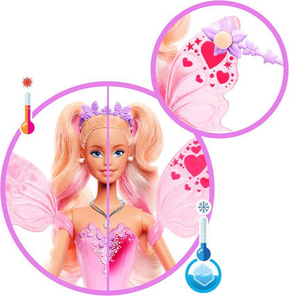 Mattel Barbie Fairy Doll with Toy Wand & Fashion Accessories, Fantasy Theme with Color-Change Fun on Wings & Outfit, JCP76
