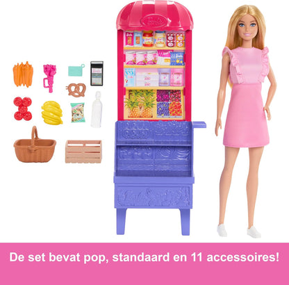 Barbie und Teresa Rezept für Freundschaft Modepuppe und Spielset, Malibu auf dem Markt mit 11 Zubehörteilen, inklusive Marktstand und Lebensmittel, JCT05