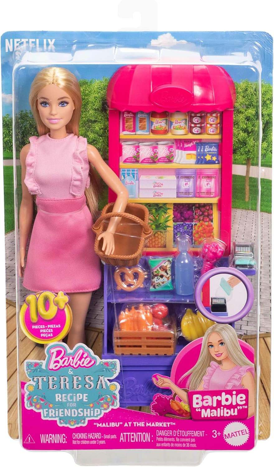Barbie und Teresa Rezept für Freundschaft Modepuppe und Spielset, Malibu auf dem Markt mit 11 Zubehörteilen, inklusive Marktstand und Lebensmittel, JCT05