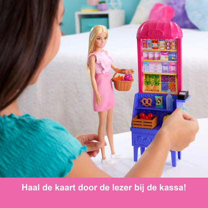 Barbie und Teresa Rezept für Freundschaft Modepuppe und Spielset, Malibu auf dem Markt mit 11 Zubehörteilen, inklusive Marktstand und Lebensmittel, JCT05