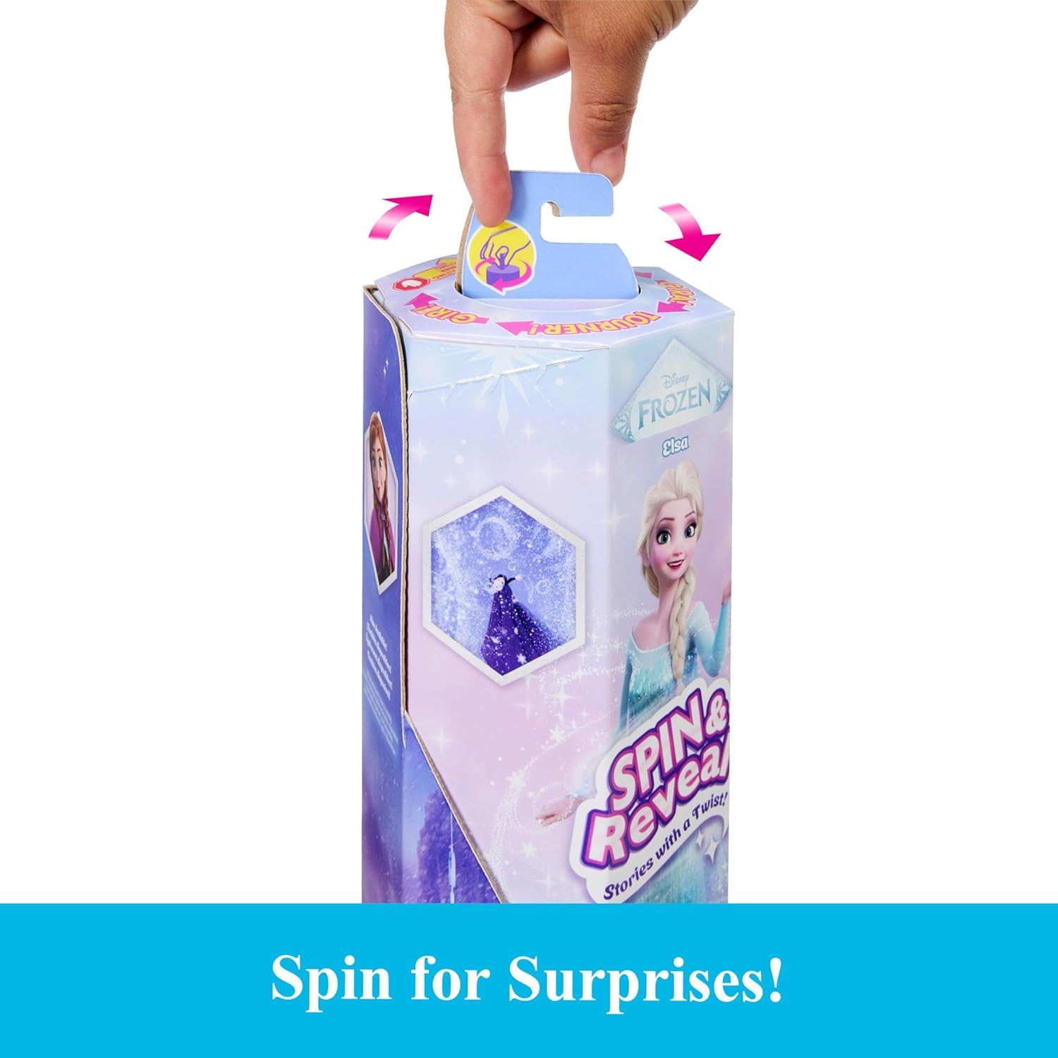 Mattel Disney Frozen Spin & Reveal Elsa Conjunto de muñeca de moda, con 11 sorpresas, incluidos 5 accesorios, 5 pegatinas y una escena de juego, inspirado en la película de Disney, JBG59