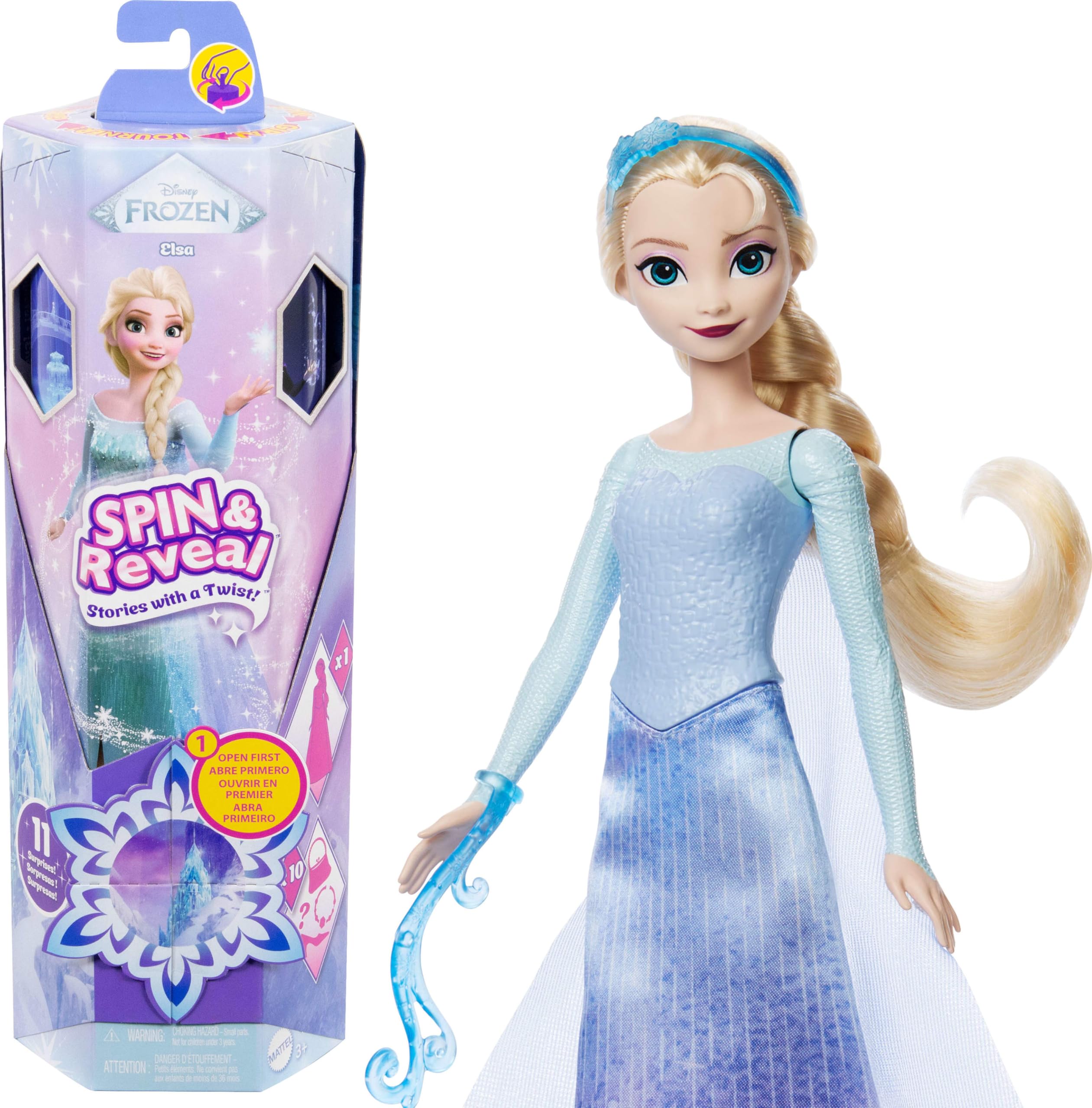 Mattel Disney Frozen Spin & Reveal Elsa Conjunto de muñeca de moda, con 11 sorpresas, incluidos 5 accesorios, 5 pegatinas y una escena de juego, inspirado en la película de Disney, JBG59