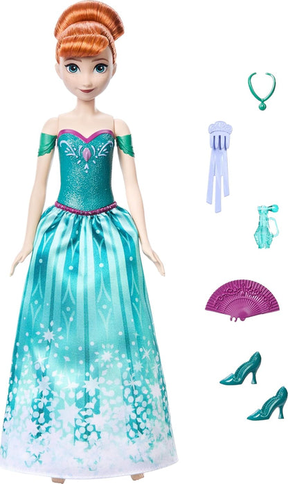 Mattel Disney Frozen Anna Fashion Doll Set, Spin & Reveal with 11 Surprises Including 5 Accessories, 5 Stickers & Play Scene, Inspired by Disney Movie, JBG60