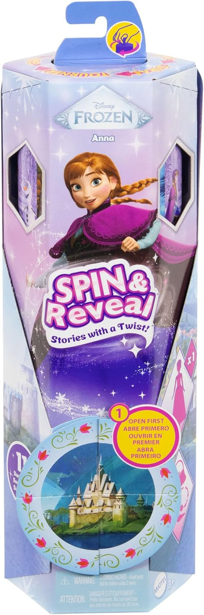 Mattel Disney Frozen Anna Fashion Doll Set, Spin & Reveal with 11 Surprises Including 5 Accessories, 5 Stickers & Play Scene, Inspired by Disney Movie, JBG60