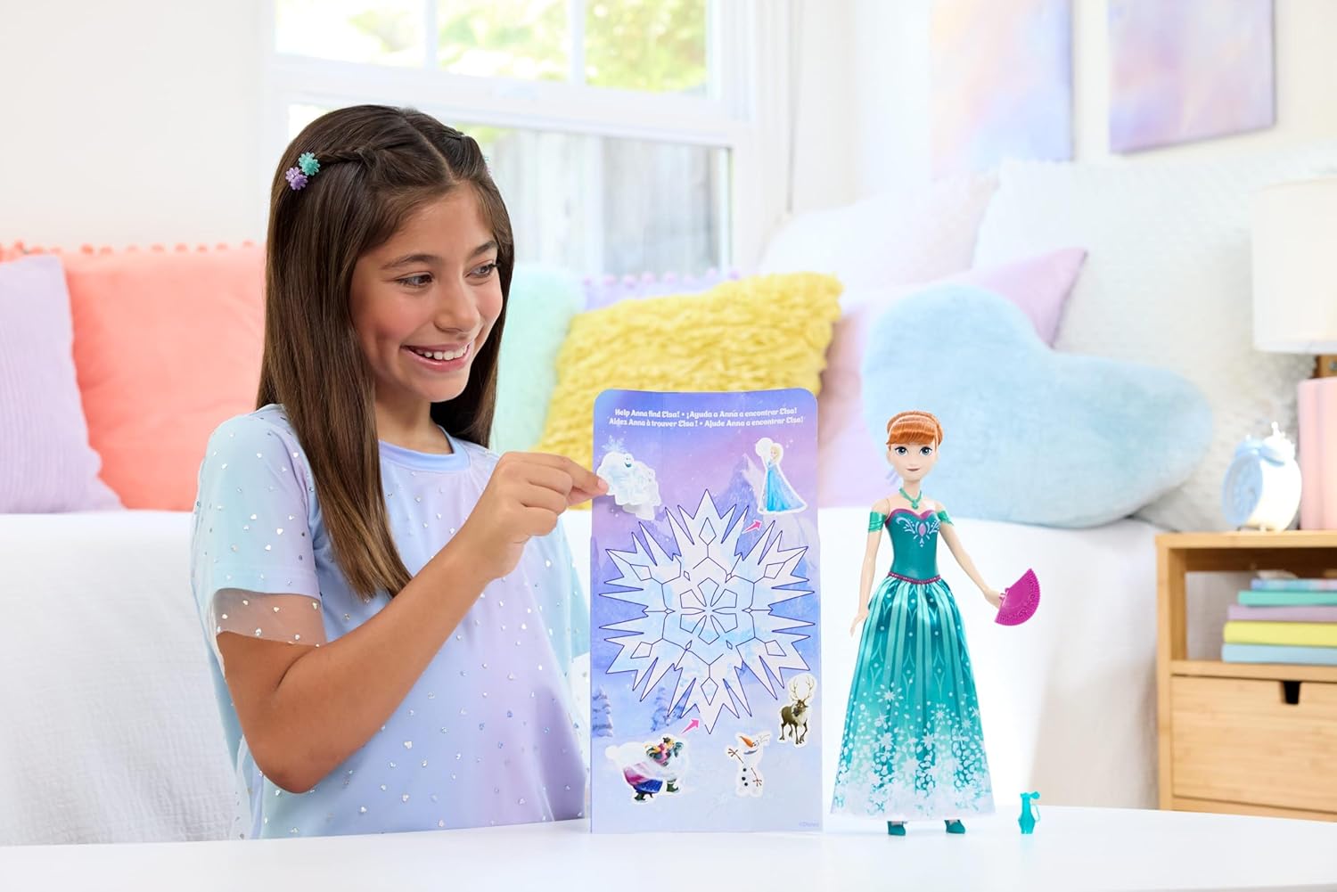 Mattel Disney Frozen Anna Fashion Doll Set, Spin & Reveal with 11 Surprises Including 5 Accessories, 5 Stickers & Play Scene, Inspired by Disney Movie, JBG60
