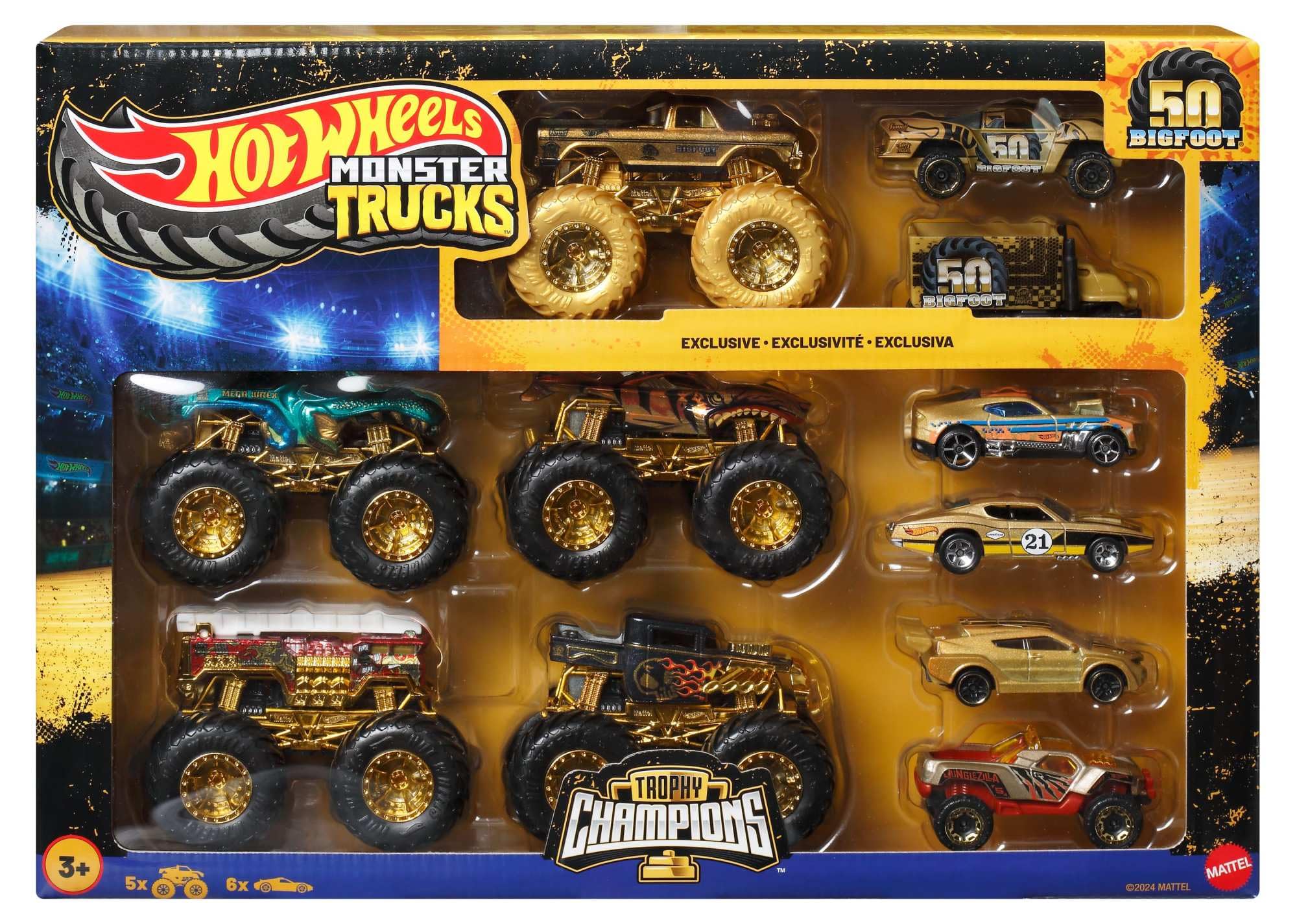 Hot Wheels Toy Cars & Trucks, Monster Trucks Trophy Champions Collection with Die-Cast Bigfoot, 5-Alarm, Bone Shaker, Mega-Wrex & Tiger Shark & 6 Cars, JDW07