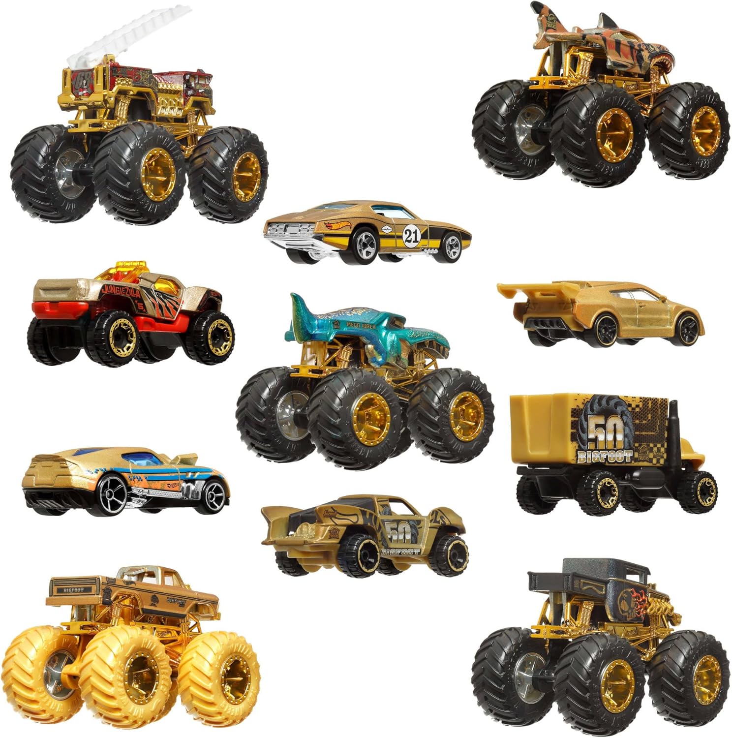 Hot Wheels Toy Cars & Trucks, Monster Trucks Trophy Champions Collection with Die-Cast Bigfoot, 5-Alarm, Bone Shaker, Mega-Wrex & Tiger Shark & 6 Cars, JDW07
