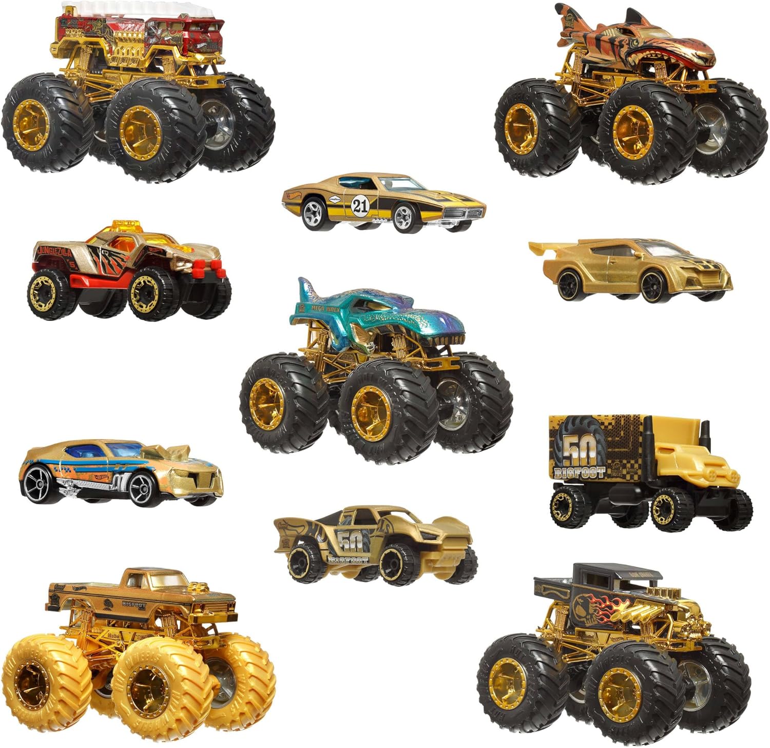 Hot Wheels Toy Cars & Trucks, Monster Trucks Trophy Champions Collection with Die-Cast Bigfoot, 5-Alarm, Bone Shaker, Mega-Wrex & Tiger Shark & 6 Cars, JDW07
