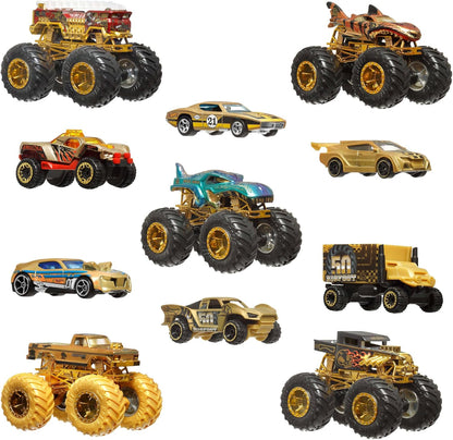 Hot Wheels Toy Cars & Trucks, Monster Trucks Trophy Champions Collection with Die-Cast Bigfoot, 5-Alarm, Bone Shaker, Mega-Wrex & Tiger Shark & 6 Cars, JDW07