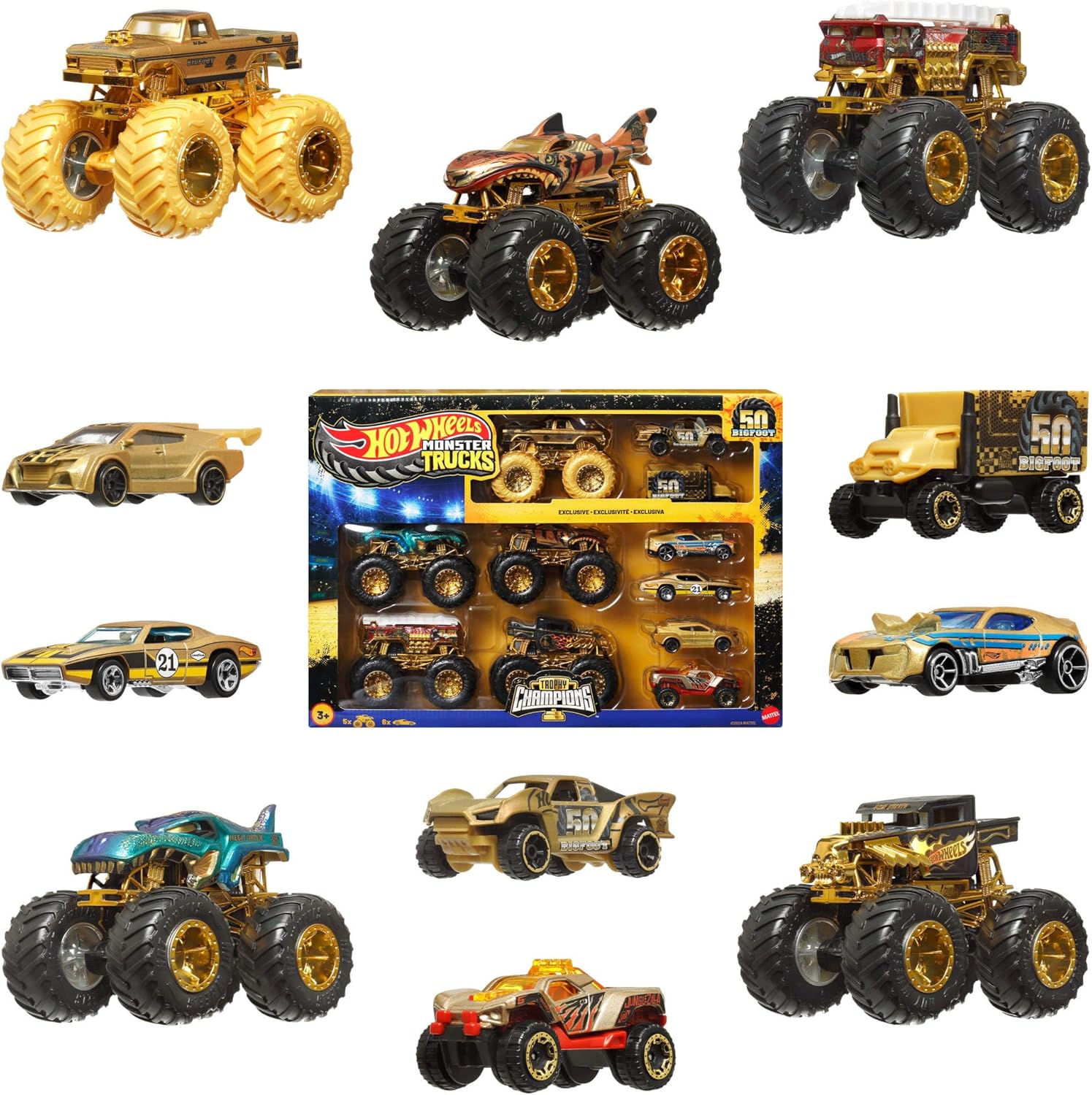 Hot Wheels Toy Cars & Trucks, Monster Trucks Trophy Champions Collection with Die-Cast Bigfoot, 5-Alarm, Bone Shaker, Mega-Wrex & Tiger Shark & 6 Cars, JDW07