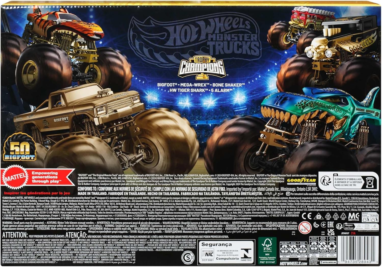 Hot Wheels Toy Cars & Trucks, Monster Trucks Trophy Champions Collection with Die-Cast Bigfoot, 5-Alarm, Bone Shaker, Mega-Wrex & Tiger Shark & 6 Cars, JDW07