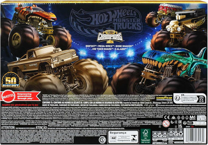 Hot Wheels Toy Cars & Trucks, Monster Trucks Trophy Champions Collection with Die-Cast Bigfoot, 5-Alarm, Bone Shaker, Mega-Wrex & Tiger Shark & 6 Cars, JDW07