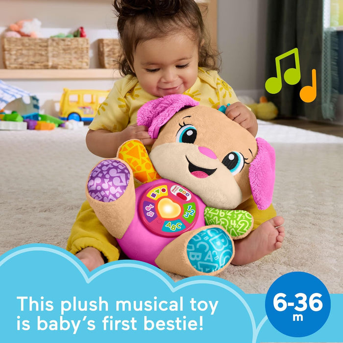 Fisher-Price Baby Learning Toy Laugh & Learn Smart Stages Sis Pink Musical Plush with Smart Stages for Infants Ages 6+ Months, Multilanguage Version: Dutch, Englush, French, German, Italian, JFD31