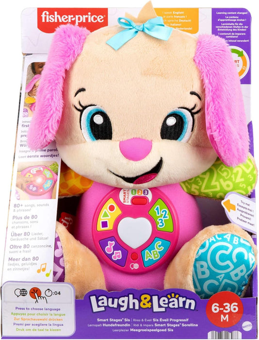 Fisher-Price Baby Learning Toy Laugh & Learn Smart Stages Sis Pink Musical Plush with Smart Stages for Infants Ages 6+ Months, Multilanguage Version: Dutch, Englush, French, German, Italian, JFD31