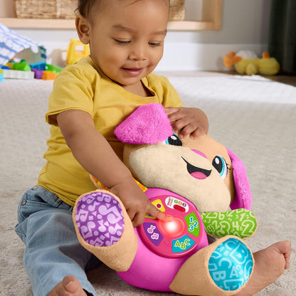 Fisher-Price Baby Learning Toy Laugh & Learn Smart Stages Sis Pink Musical Plush with Smart Stages for Infants Ages 6+ Months, Multilanguage Version: Dutch, Englush, French, German, Italian, JFD31