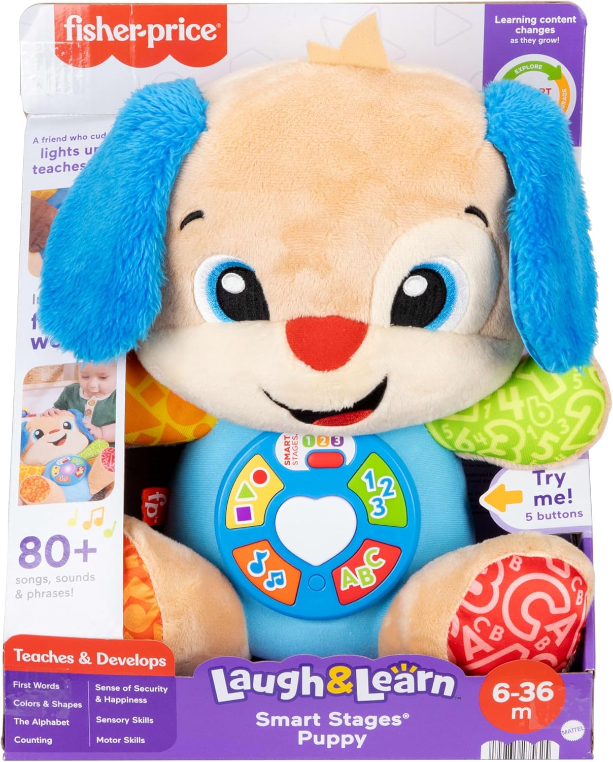 Fisher-Price Baby Learning Toy Laugh & Learn Smart Stages Puppy Musical Plush with Smart Stages for Infants Ages 6+ Months, Multilanguage Version, JFD20