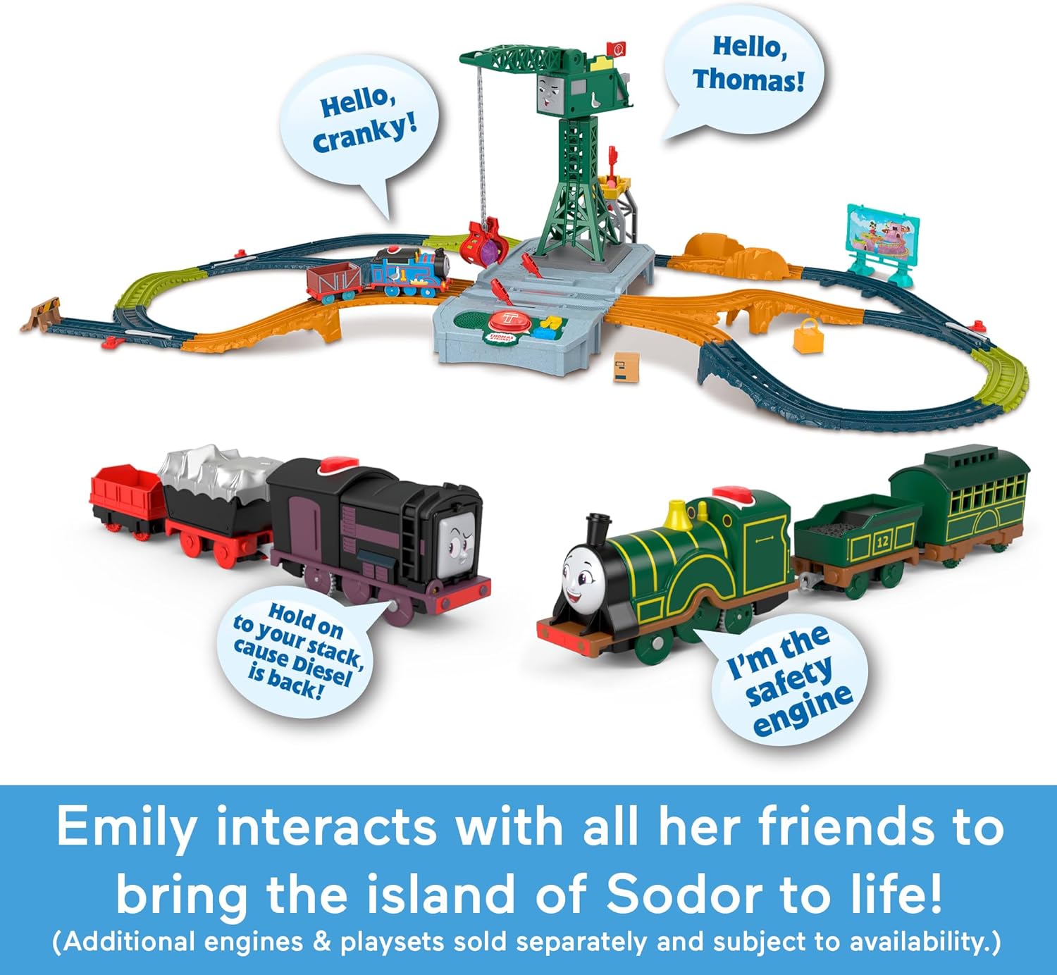 Thomas & Friends Motorized Toy Train Talking Emily Battery-Powered Engine with Phrases & Sounds for Kids Ages 3+ Years, UK English Version, JFJ86