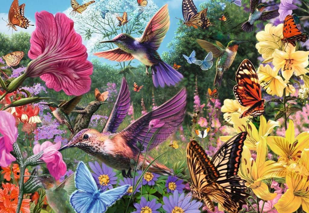Ravensburger Puzzle 12001369 - Kolibris und Schmetterlinge - 200 Teile Puzzle für ältere Menschen und Senioren, mit größeren, griffigen Puzzleteilen, großer Bildvorlage und mit Unterlage zum Puzzeln