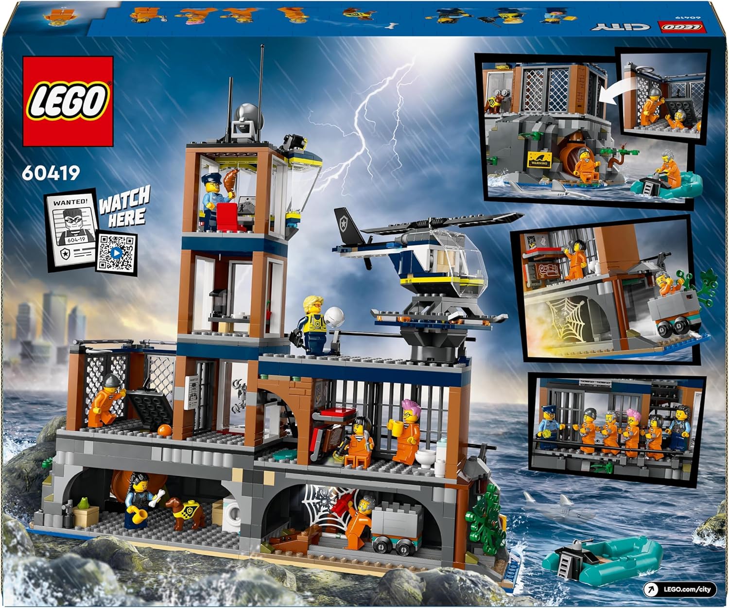 LEGO City Isla Prisión de la Policía, Regalo de Cumpleaños para Niños y Niñas de 7 Años o Más, Helicóptero, Barco, Lancha y Cárcel de Juguete, 7 Minifiguras y Figuras de Animales Perro y Tiburón 60419