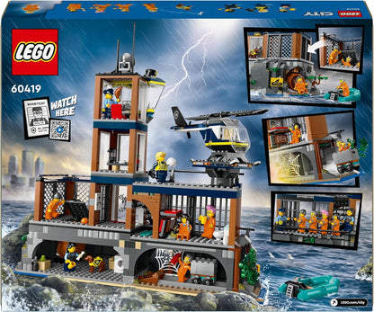 LEGO City Isla Prisión de la Policía, Regalo de Cumpleaños para Niños y Niñas de 7 Años o Más, Helicóptero, Barco, Lancha y Cárcel de Juguete, 7 Minifiguras y Figuras de Animales Perro y Tiburón 60419