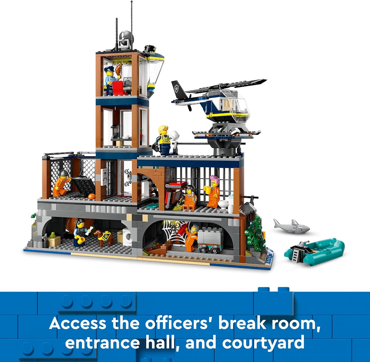 LEGO City Isla Prisión de la Policía, Regalo de Cumpleaños para Niños y Niñas de 7 Años o Más, Helicóptero, Barco, Lancha y Cárcel de Juguete, 7 Minifiguras y Figuras de Animales Perro y Tiburón 60419