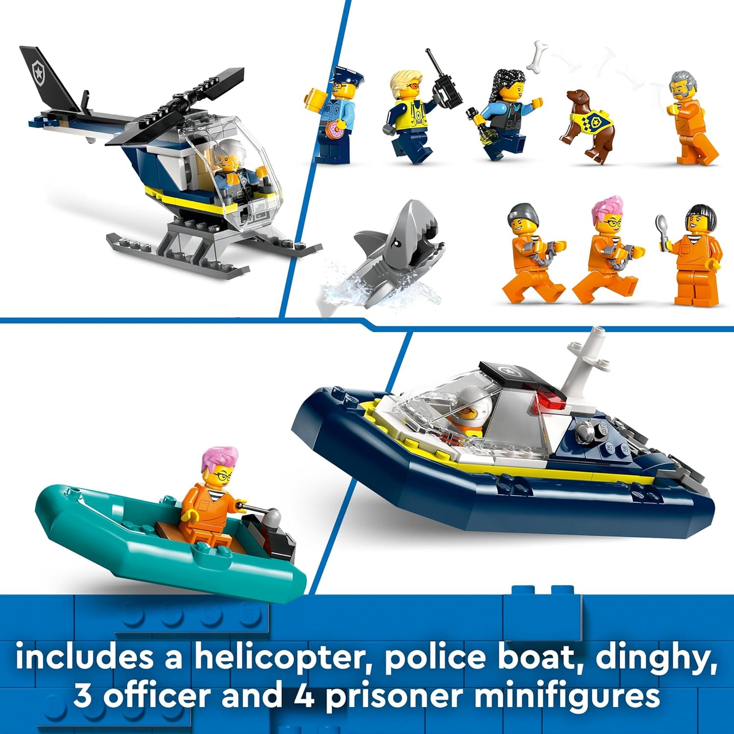 LEGO City Isla Prisión de la Policía, Regalo de Cumpleaños para Niños y Niñas de 7 Años o Más, Helicóptero, Barco, Lancha y Cárcel de Juguete, 7 Minifiguras y Figuras de Animales Perro y Tiburón 60419