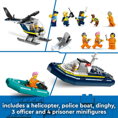 LEGO City Isla Prisión de la Policía, Regalo de Cumpleaños para Niños y Niñas de 7 Años o Más, Helicóptero, Barco, Lancha y Cárcel de Juguete, 7 Minifiguras y Figuras de Animales Perro y Tiburón 60419