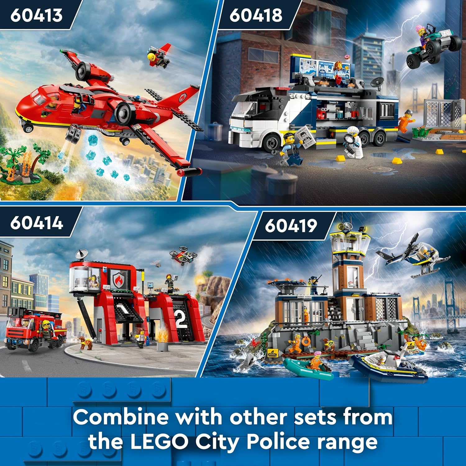 LEGO City Isla Prisión de la Policía, Regalo de Cumpleaños para Niños y Niñas de 7 Años o Más, Helicóptero, Barco, Lancha y Cárcel de Juguete, 7 Minifiguras y Figuras de Animales Perro y Tiburón 60419
