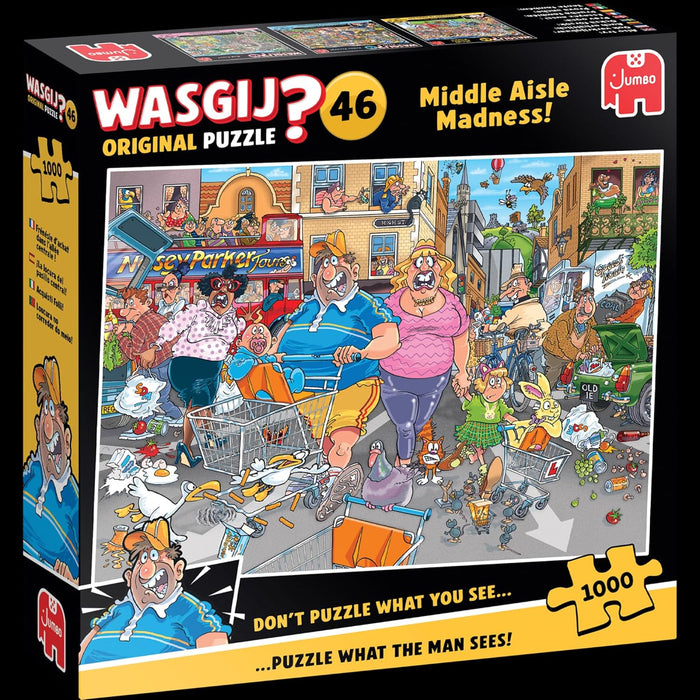 Wasgij Original 46 - Frénésie d'achat dans l'année Centrale ! - Middle Aisle Madness ! - Puzzle Adulte - Puzzle Humoristique - Carton 100% recyclé - 1000 pièces