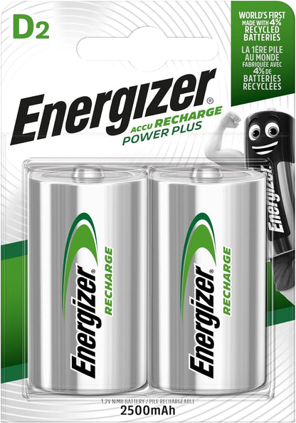 Energizer Recharge Power Plus - Batterie D (pacco da 2) - Pile Ricaricabili 2500 mAh NiMH - pronte all'uso - per torce elettriche e giocattoli - 100% imballaggio riciclabile privo di plastica