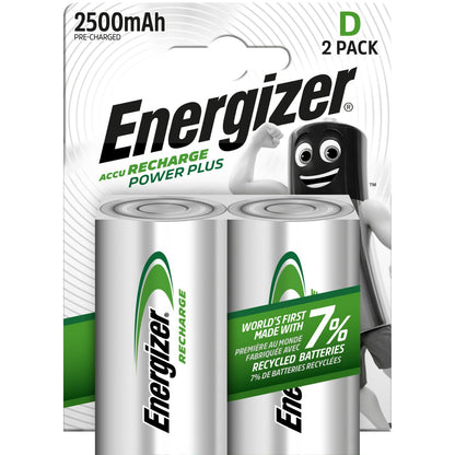 Energizer Recharge Power Plus - Batterie D (pacco da 2) - Pile Ricaricabili 2500 mAh NiMH - pronte all'uso - per torce elettriche e giocattoli - 100% imballaggio riciclabile privo di plastica