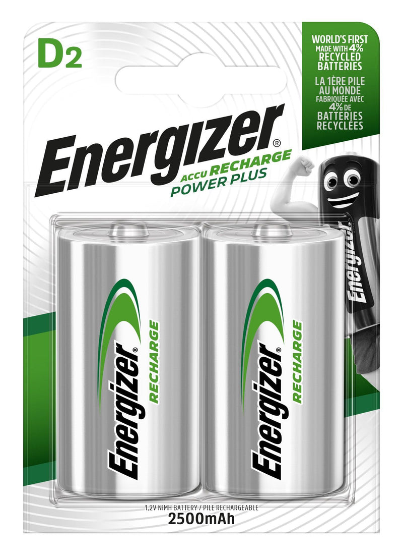 Energizer Recharge Power Plus - Batterie D (pacco da 2) - Pile Ricaricabili 2500 mAh NiMH - pronte all'uso - per torce elettriche e giocattoli - 100% imballaggio riciclabile privo di plastica