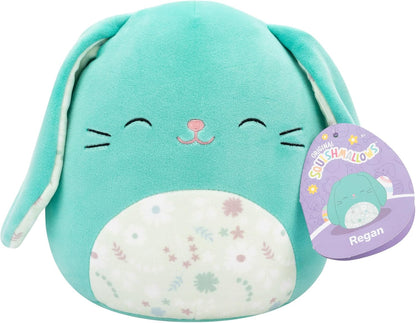 Squishmallows Original 7.5-Inch Regan the Turquoise Bunny with Closed Eyes and Floral Belly - Official Squishmallows Plush - Soft Easter Plush