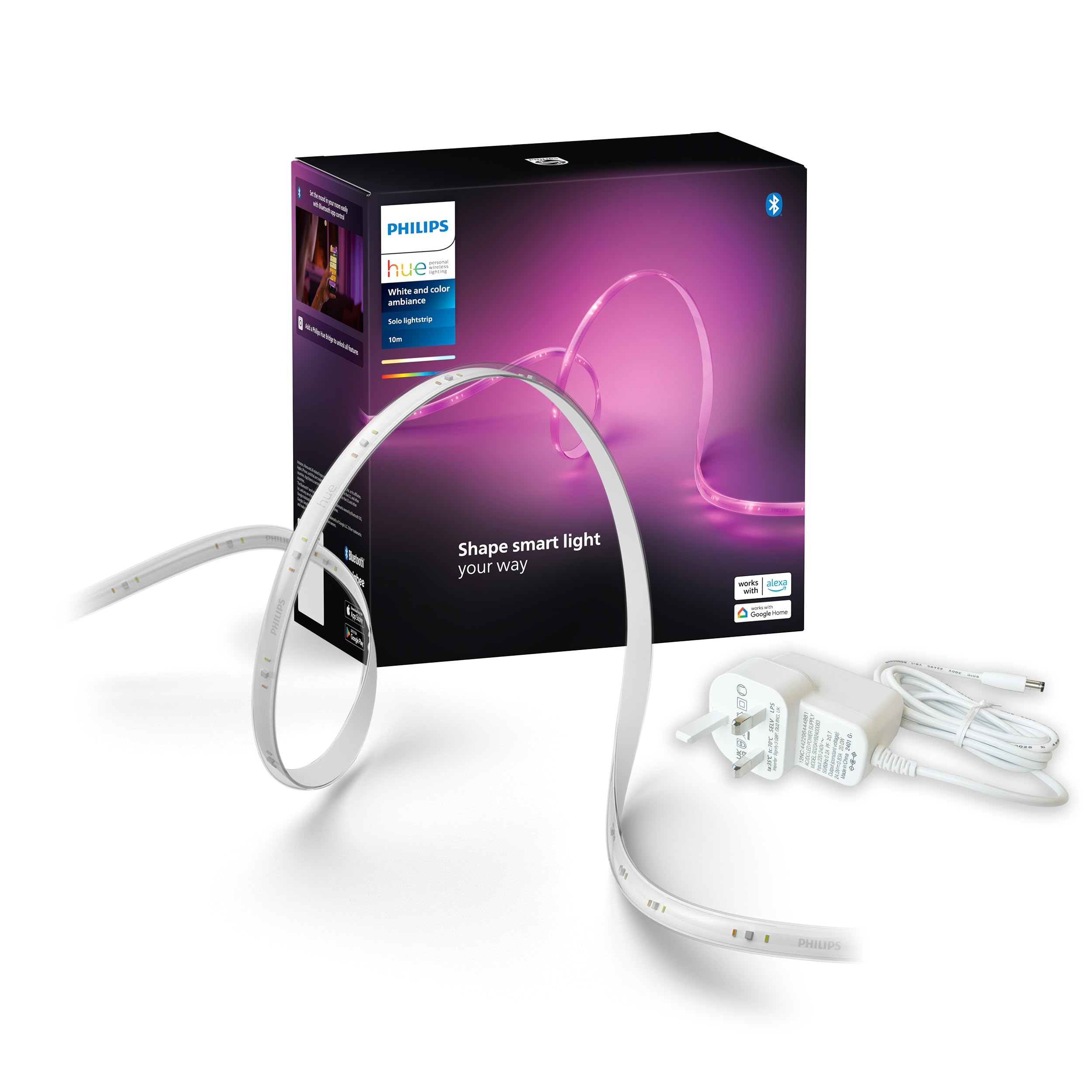 Philips Hue Indoor 10-Meter Smart LED Solo lightstrip (Non Extendable) - 1 Pack - Control with Hue App - Works with Alexa, Google Assistant and Apple HomeKit, Plug Type G