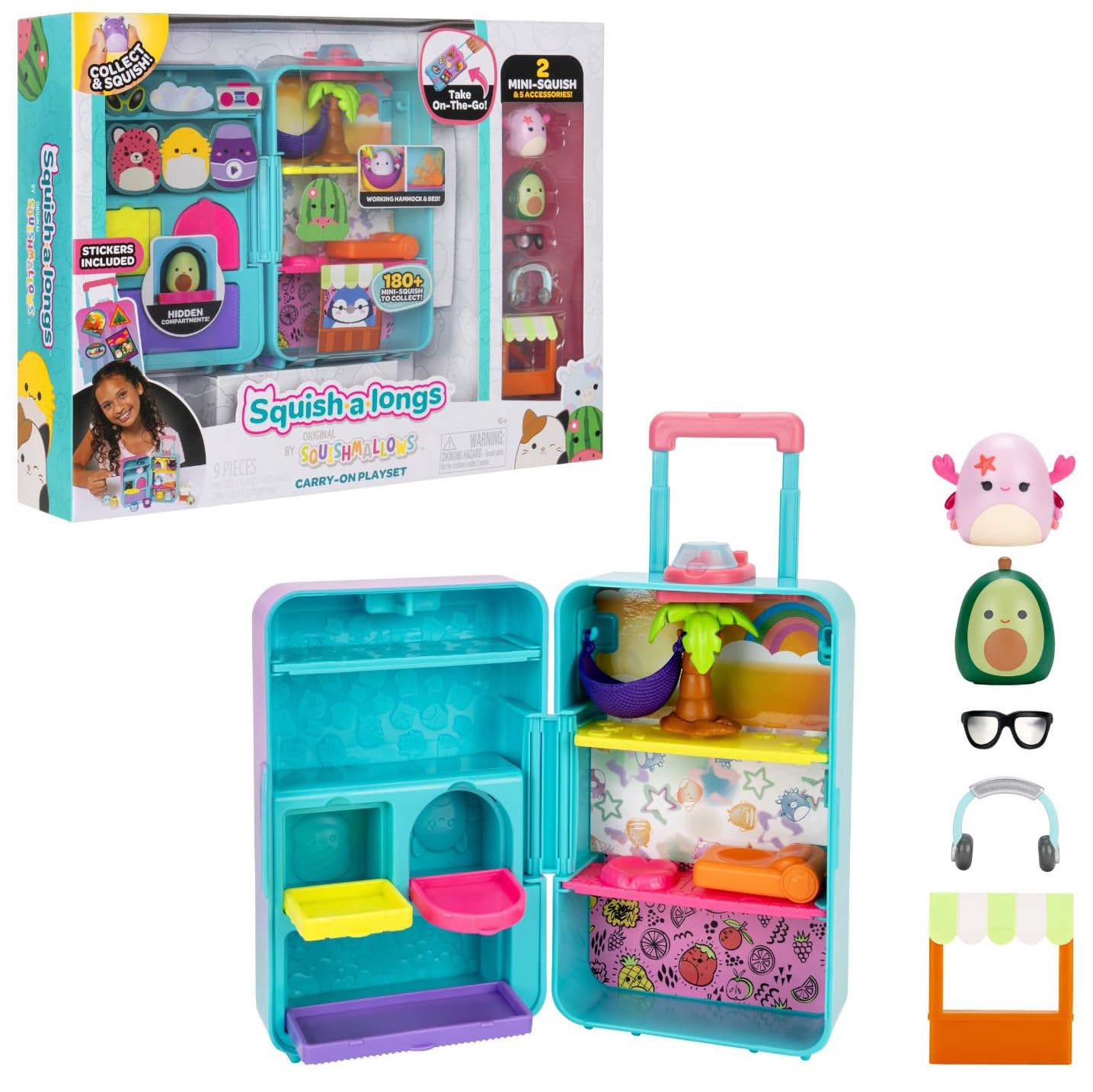 Squish-a-longs Juego de equipaje On-The-Go - (2) Mini-Squish de 1 pulgada, 3 niveles de juego, 3 accesorios y 2 piezas de juego - Colecciona, intercambia y juega - A partir de 6 años