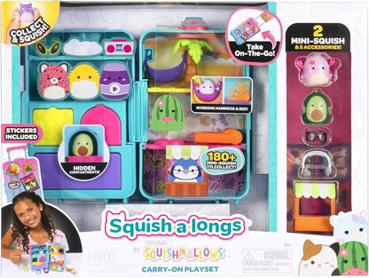 Squish-a-longs Juego de equipaje On-The-Go - (2) Mini-Squish de 1 pulgada, 3 niveles de juego, 3 accesorios y 2 piezas de juego - Colecciona, intercambia y juega - A partir de 6 años
