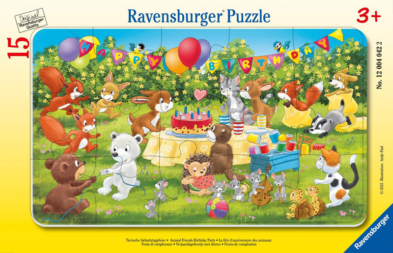 Ravensburger Kinderpuzzle - 12004042 Tierische Geburtstagsfeier - Rahmenpuzzle für Kinder ab 3 Jahren, mit 15 Teilen