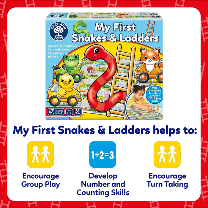 Orchard Toys My First Snakes & Ladders Game for Kids - Large Toddler Games w/Giant Colourful 3D Playing Pieces - Children's and Kids Board Games Age 3-6 Years - For 2-4 Players
