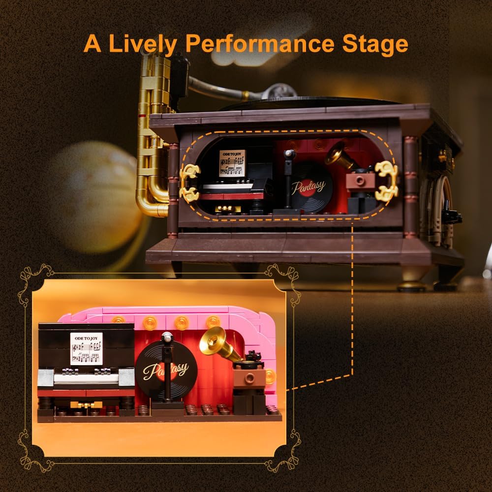 PANTASY Vintage Gramophone Building Block Set Retro Music Player Model Kit A Musical Nostalgia Masterpiece Realistic Turntable & Rotating Photo Album