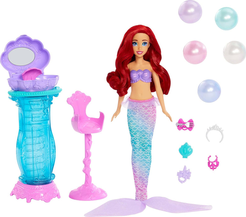 Mattel Disney Princess Toys, Ariel Vanity Pop Mermaid Fashion Doll with Removable Tail & Vanity with 5 Repeatable Pop-Up Surprises & 5 Accessories, JBF86