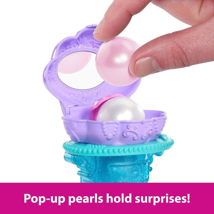 Mattel Disney Princess Toys, Ariel Vanity Pop Mermaid Fashion Doll with Removable Tail & Vanity with 5 Repeatable Pop-Up Surprises & 5 Accessories, JBF86