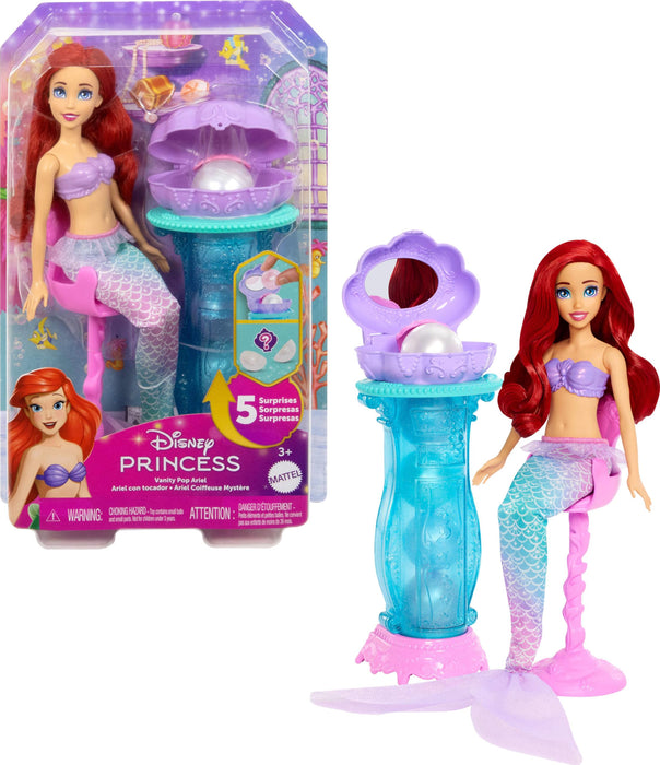 Mattel Disney Princess Toys, Ariel Vanity Pop Mermaid Fashion Doll with Removable Tail & Vanity with 5 Repeatable Pop-Up Surprises & 5 Accessories, JBF86