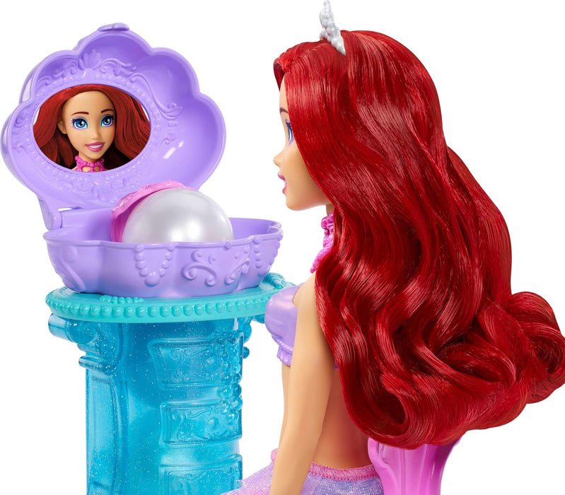 Mattel Disney Princess Toys, Ariel Vanity Pop Mermaid Fashion Doll with Removable Tail & Vanity with 5 Repeatable Pop-Up Surprises & 5 Accessories, JBF86