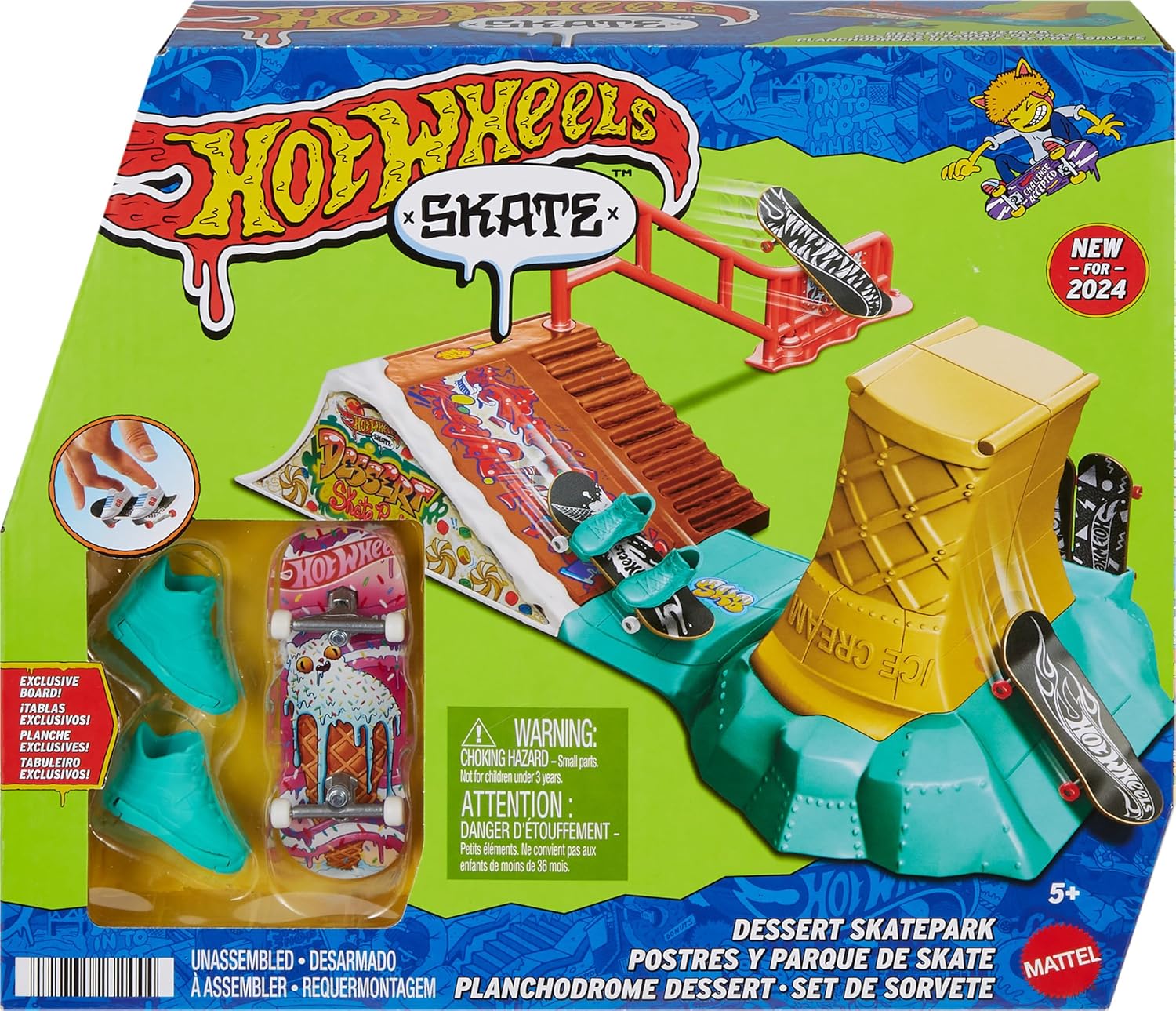 Hot Wheels Skate Fingerboard speelset met 1 exclusief vingerskateboard en paar afneembare skateschoenen, dessertthema met ingebouwde opslag
