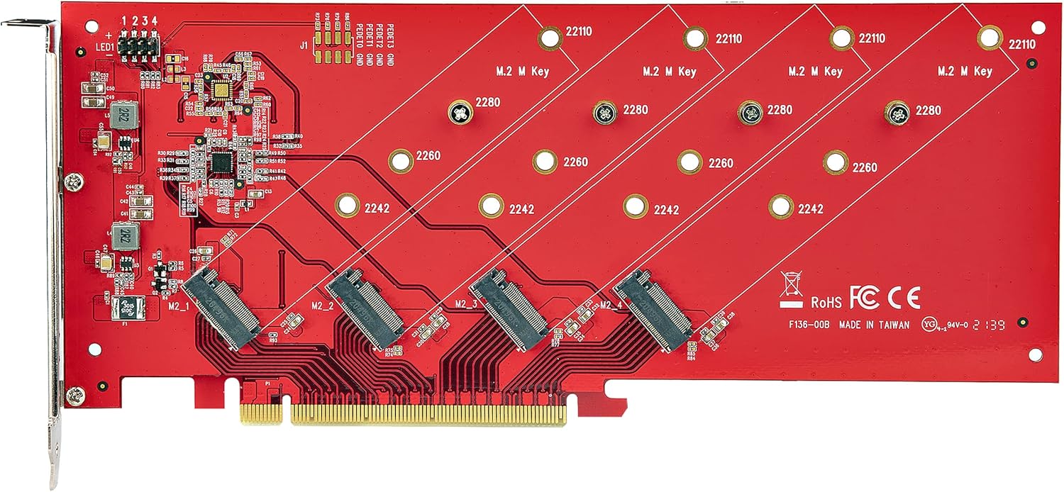 StarTech.com Quad M.2 PCIe Adapter Card, PCIe x16 to Quad NVMe or AHCI M.2 SSDs, PCI Express 4.0, 7.8GBps/Drive, Bifurcation Required, Windows/Linux Compatible (QUAD-M2-PCIE-CARD-B